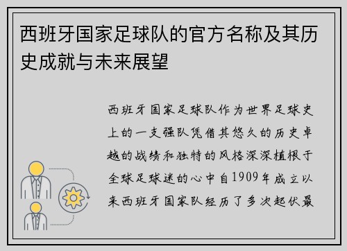 西班牙国家足球队的官方名称及其历史成就与未来展望